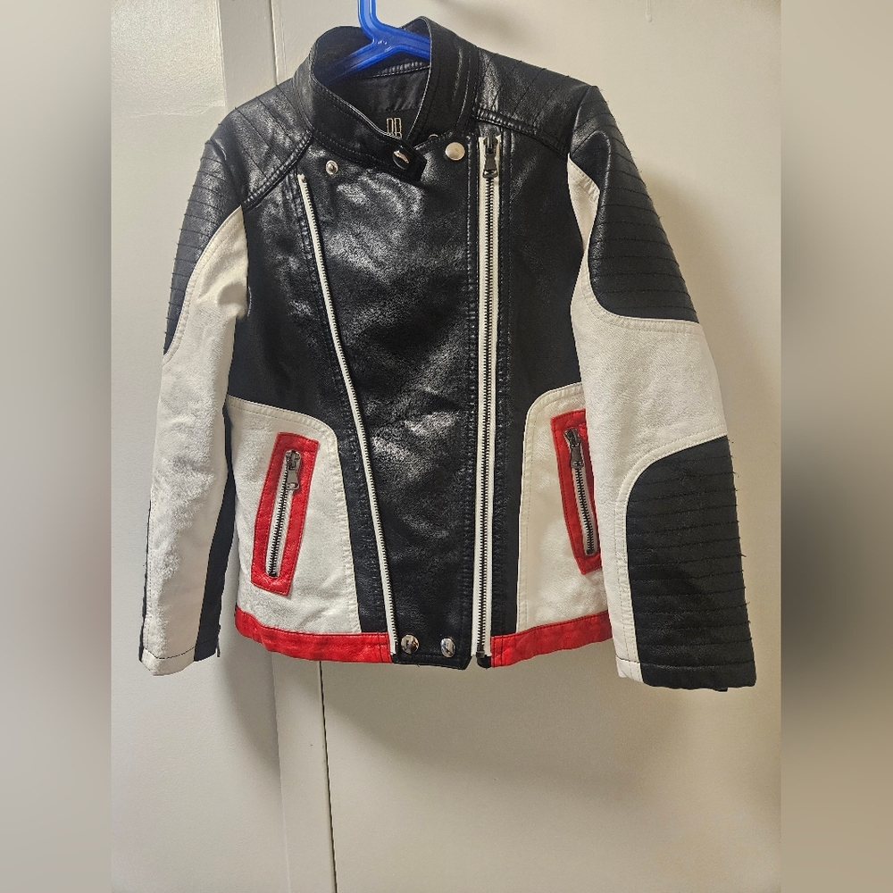 Boys Black and White Biker Jacket with Red Accents
